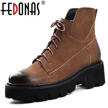 

FEDONAS New Punk Lace Up Short Boots Autumn Winter Genuine Leather High Heels Party Office Shoes Woman Classic Western Boots
