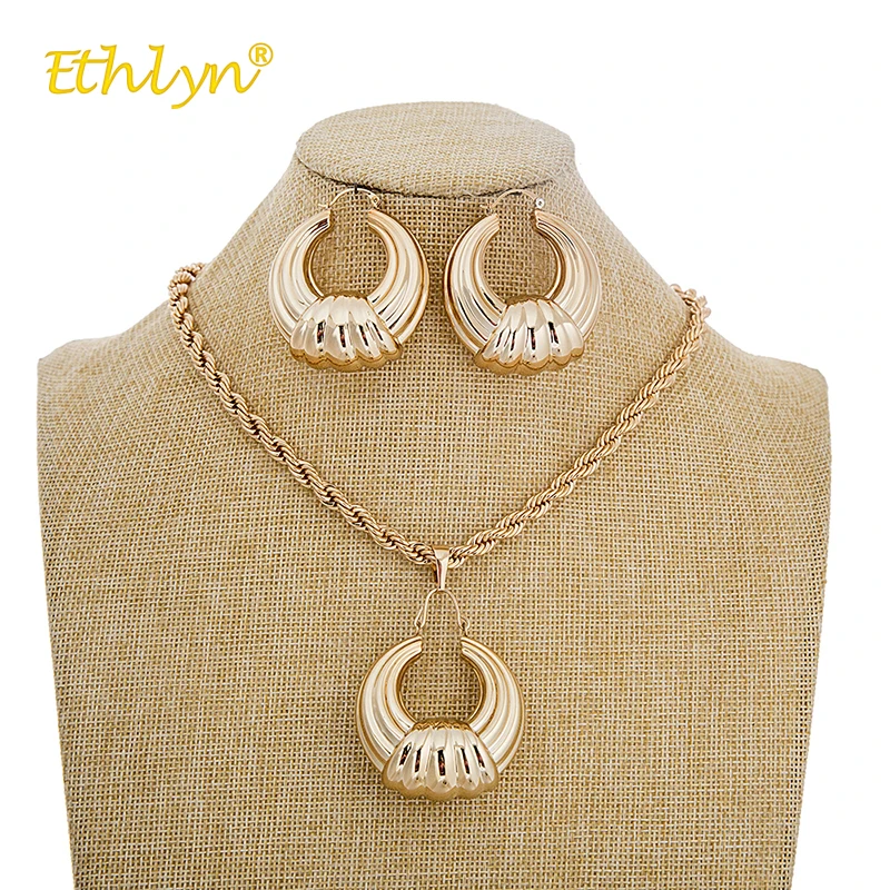

Ethlyn Vintage Jewelry Sets Round Big Pendant Earrings Jewelry Set for Women Charming Rose Gold Female Jewellery Necklace Gift