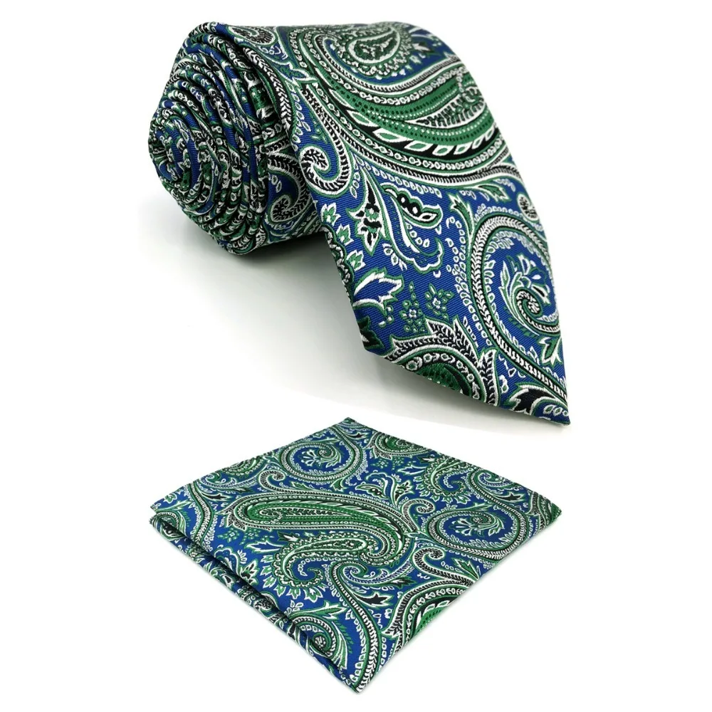 D29 Blue Green Paisley Silk Mens Ties Neckties Extra Long Pocket Square