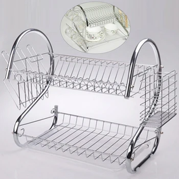 

Multifunctional Storage Shelf Corrosion Resistant And Wear Resistant 2 Tier Iron Chrome Bowl Plate Dish Cup Cutlery Rack