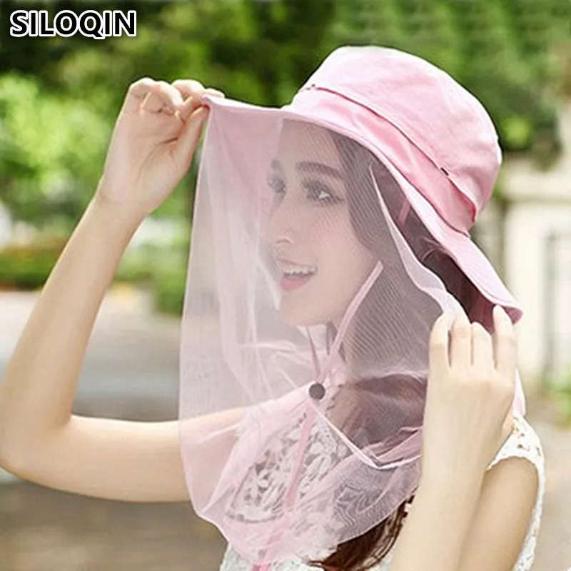

SILOQIN Foldable 2019 New Style Summer Women's Sun Hats Fashion Veil Anti-mosquito Anti-wind Cover UV Beach Hat For Women