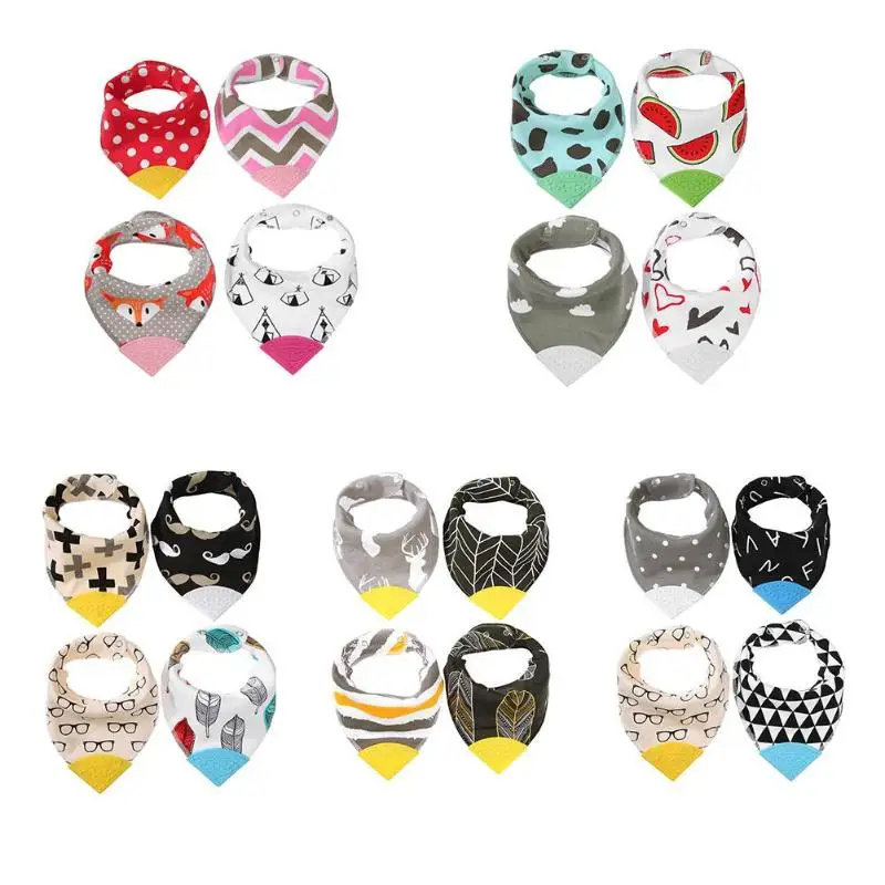 

4pcs/lot Baby Teether Bibs Burp Cloth Cartoon Double Layer Thick Adjustable Bib Baby Bandana Soft Infant Triangle Saliva Towel
