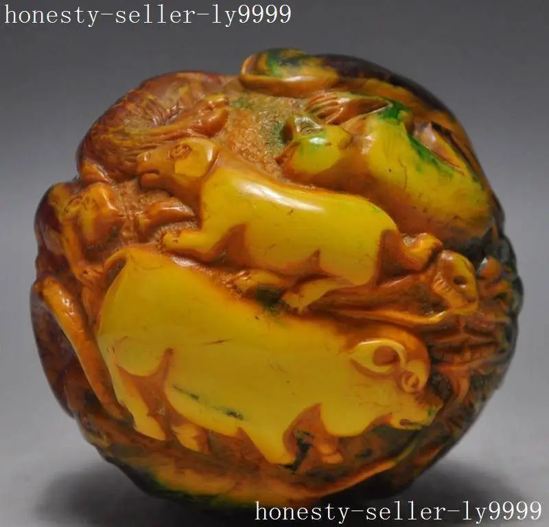 

Crafts statue Chinese Fengshui Old Man-made Amber Carving 12 Zodiac Animal Beast Statue Art halloween
