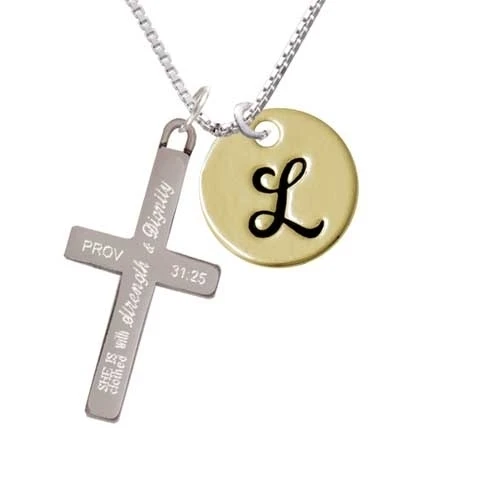 Large Gold Tone Disc Letter - L - 3/4'' - Strength and Dignity - Cross Necklace (1)