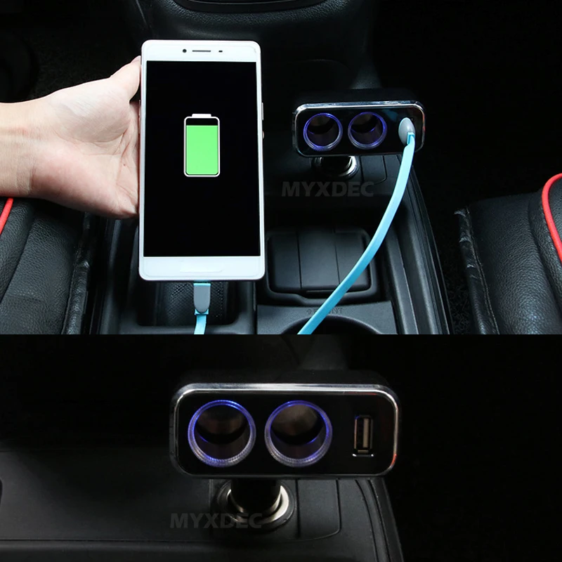 Тройная Розетка от 1 до 2+ USB источник питания Автомобильное зарядное устройство Блок питания двойной адаптер/сигарная розетка с синими огнями