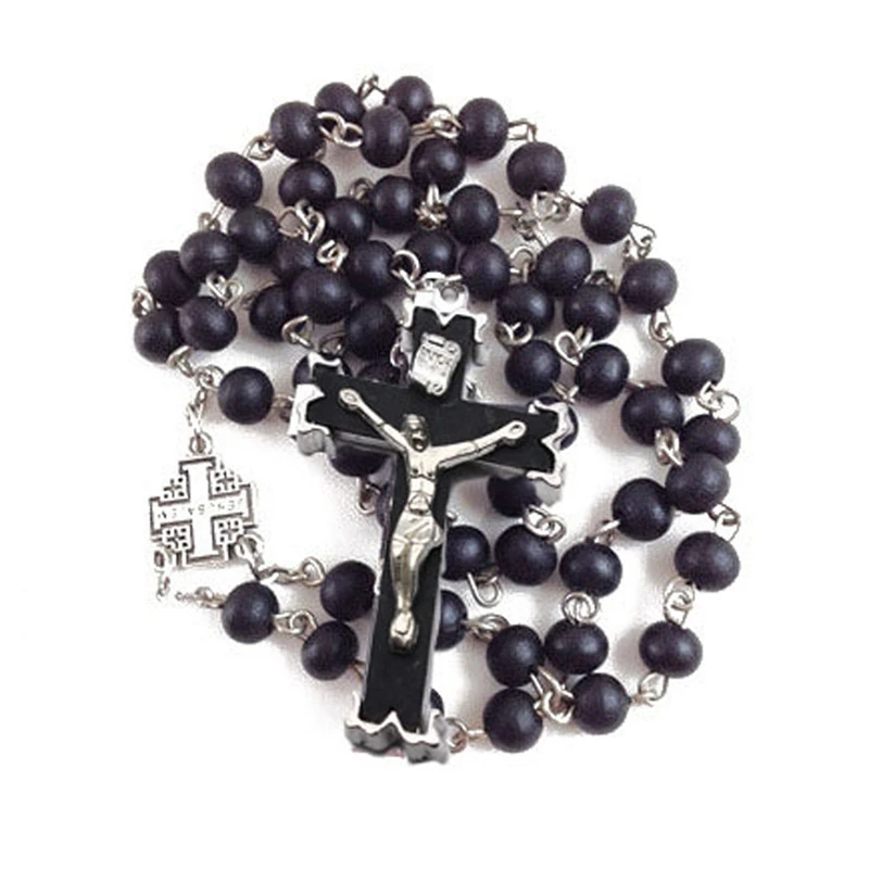 

Catholic Rosary Black Wood Beads Long Cross Pendant Rosary Necklace