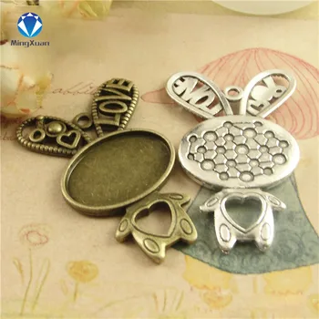 

MINGXUAN 10pcs Antique Bronze Atique Silver rabbit filigree cameo cabochon pendant setting Fit 18*25mm dia Cabochon Base