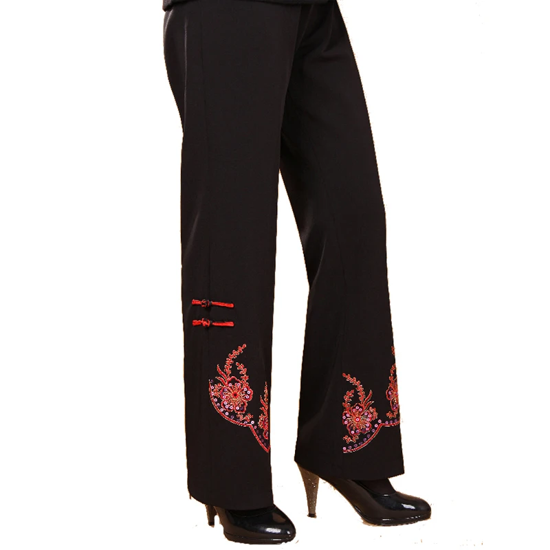 Черный традиционный китайский Для женщин Flare Pant Вышивка Мотобрюки полной длины цветок Размеры размеры S M L XL XXL, XXXL 4XL 2991-2