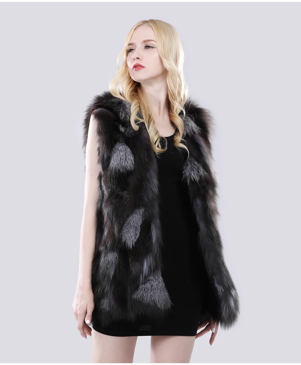 New Style Women Winter Long Genuine Silver Fox Fur Vest Natural Soft Fox Fur Gilet Lady Warm Real Fox Fur Sleeveless Jacket