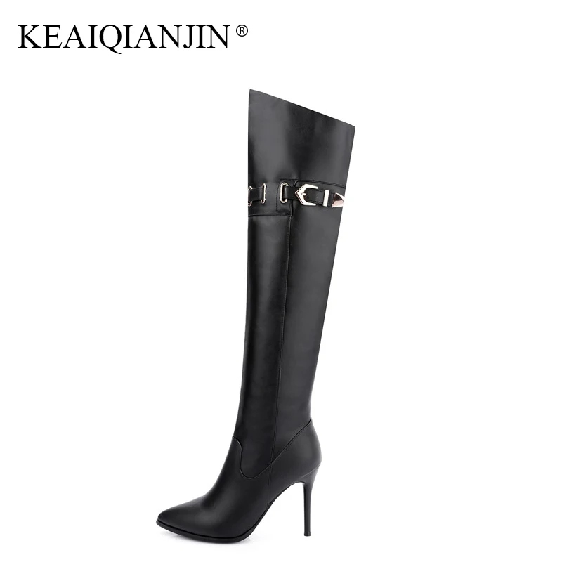 

KEAIQIANJIN Woman Zipper Knee High Boots Genuine Leather Chelsea Knee High Boots Autumn Winter Black Pink High Heeled Shoes