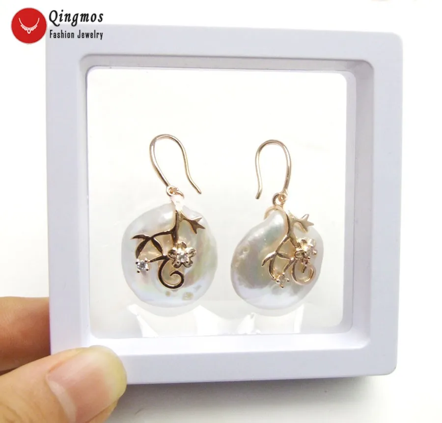 Qingmos Trendy Natural White Pearl Earring for Women with 20mm Oval Dangle Pearl Earrings Fine Jewelry Free Pack Box ear716