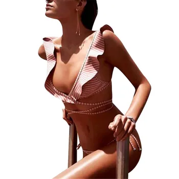 

2019 Sexy Swimwear Women Swimsuit Pink Striped Bikini Cross Strap Push Up Brazilian Bikini Set Beach Bathing Suits A2348YPC