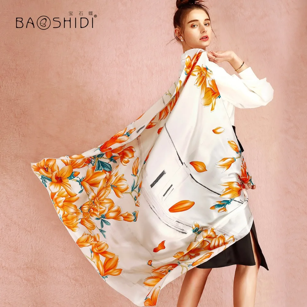 

[BAOSHIDI] 100% Silk Satin Scarf, 16m/m large square shawl women,Luxury brand fashion scarves