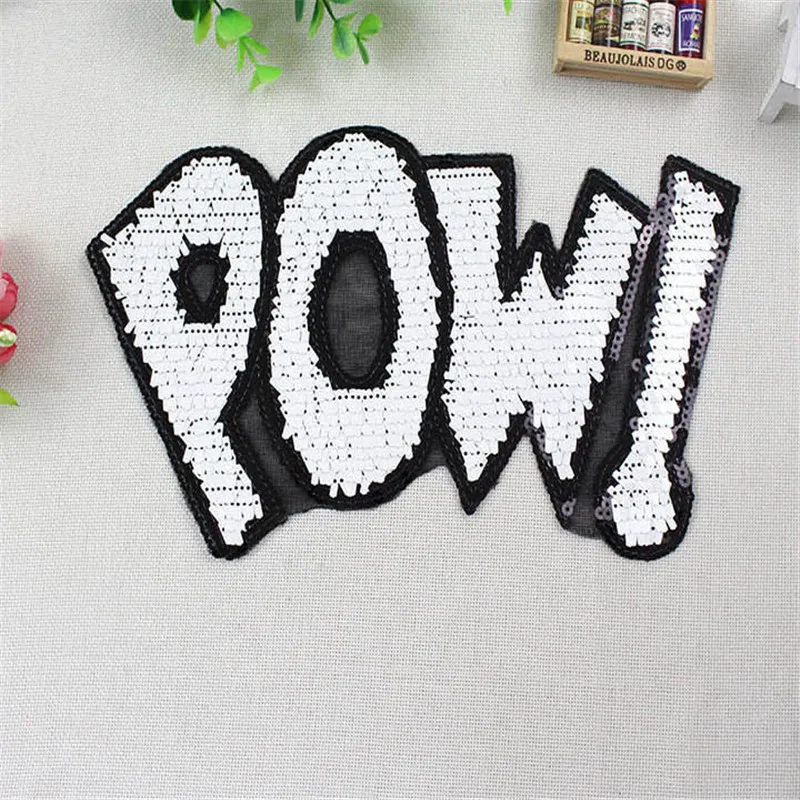

Fashion letters patch 280mm Large POW sequins Diy women Embroidery iron on patches for clothing applique Stickers Free Shipping