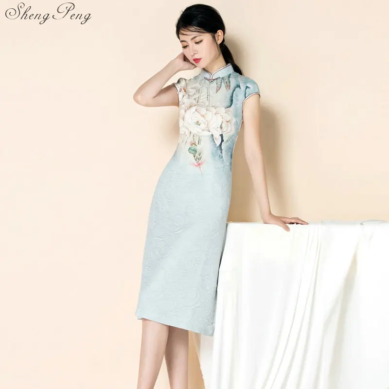 Женское винтажное платье qipao V889 повседневное хлопковое с коротким рукавом