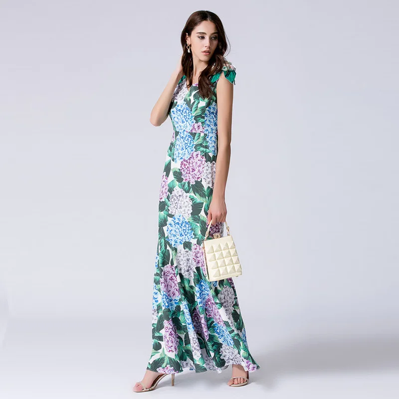 

Custom Plus Size Clothing S-7XL Europe Style 2017 Summer Newest V-Neck Hydrangea Print Elegant Ankle-Length Long Dress Women