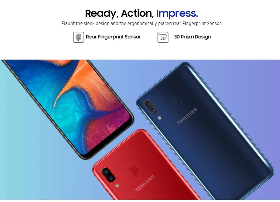 Мобильный телефон samsung Galaxy A20 A205GN-DS, 6,4 дюймов, 3 Гб ОЗУ, 32 Гб ПЗУ, Восьмиядерный процессор Exynos 7884, 13 МП+ 5 МП, камера заднего вида, две sim-карты