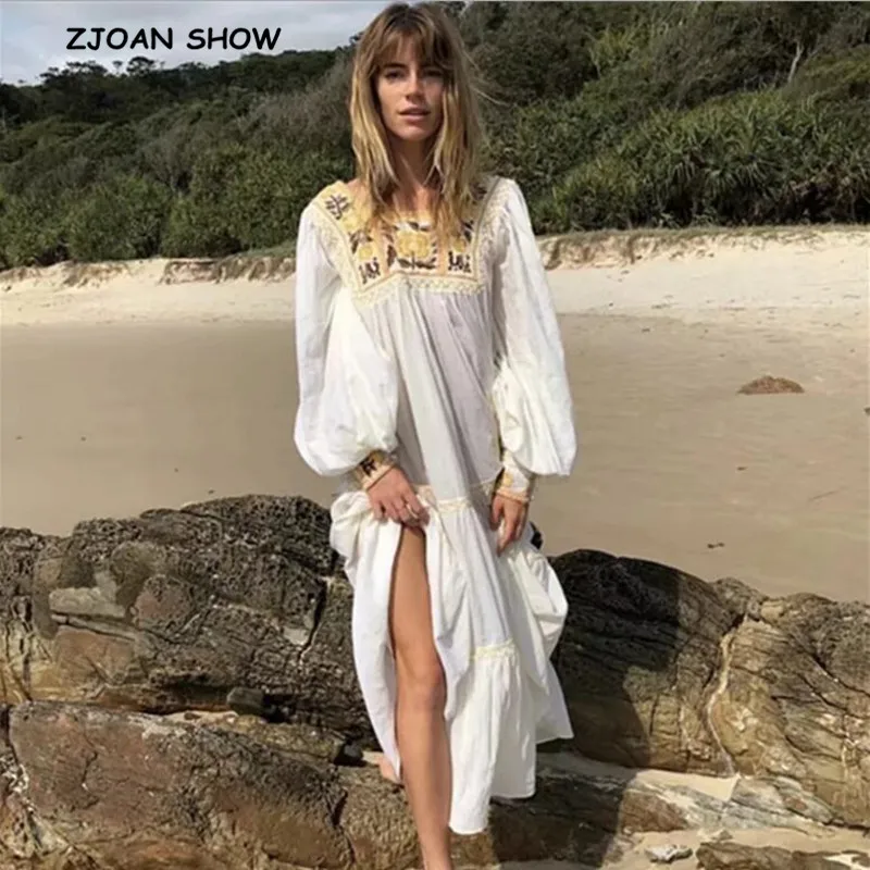 

2019 Bohemian New Embroidery Flower Dress Holiday Square Collar Long sleeve Stitching Loose Mid-Calf Long Dresses Vestidos
