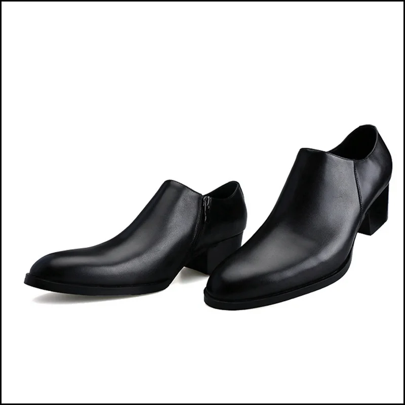 Новая модная мужская повседневная обувь из натуральной кожи на высоком каблуке лоферы с острым носком увеличивающая рост мужская ручной работы обувь для вечеринок SS55