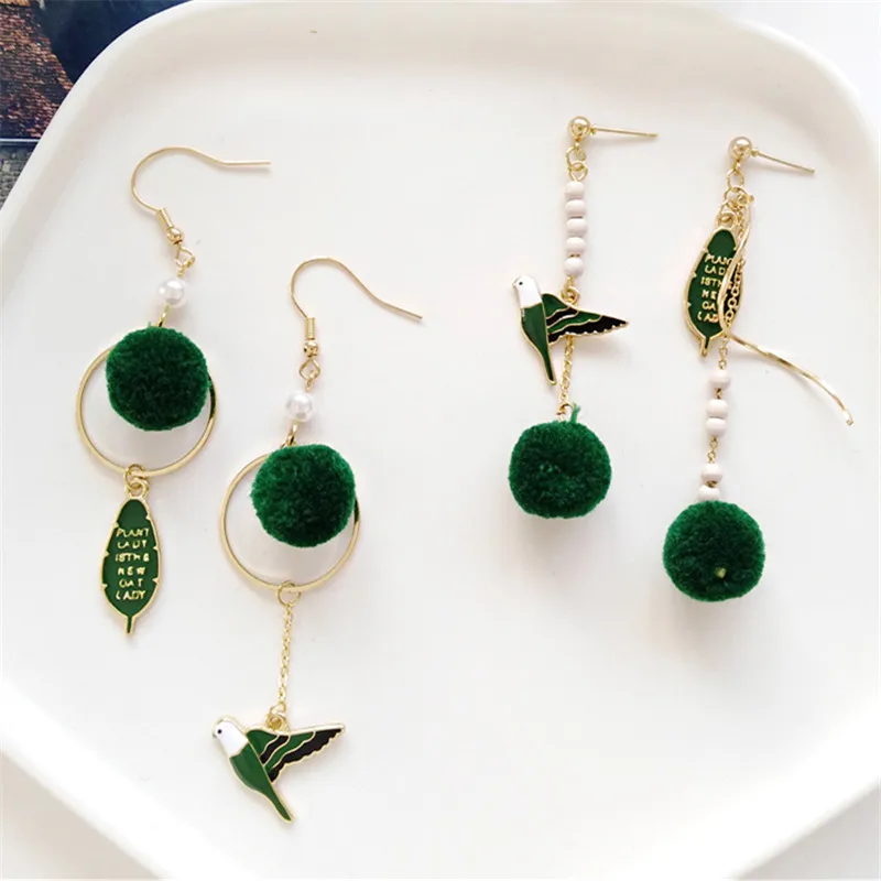 

Wood earrings female Green fashion women earrings Cartoon animal bird earrings asymmetric bulb stud earrings for women