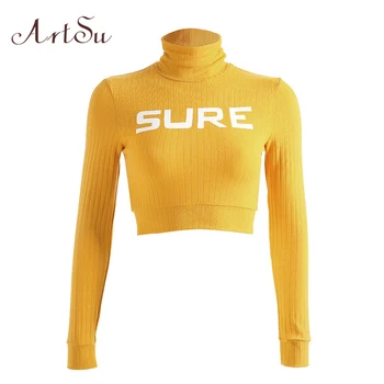 

ArtSu Streetwear Letter Print Turtleneck Cropped Sweatshirt Women Yellow Hoodie Long Sleeve Ladies Hoodies Fashion ASHO20333