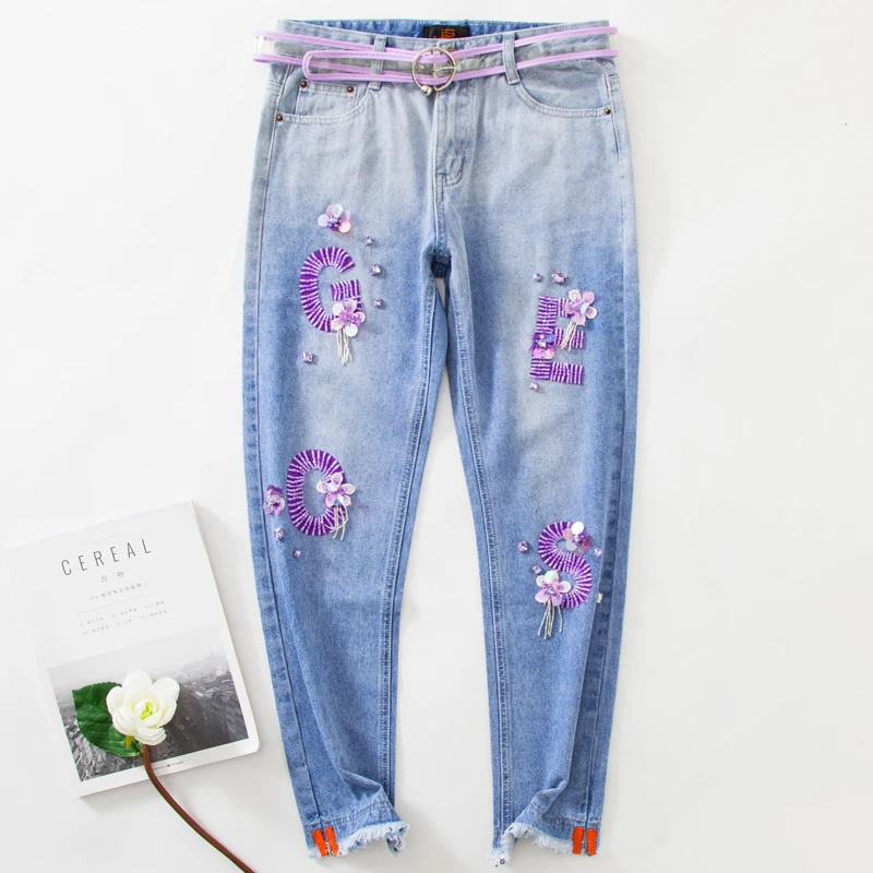 

Denim Jeans Women Jean Pants Female Vintage Casual Trousers Blue Fashion Jeans With Beads High Street Straight Trousers