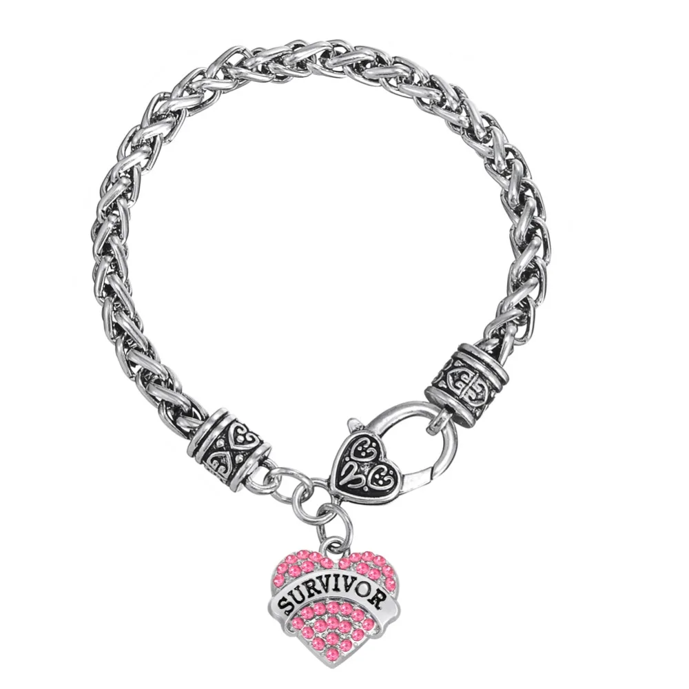 European & American Breast Cancer Awareness Crystal Heart Survivor Bracelet Jewelry