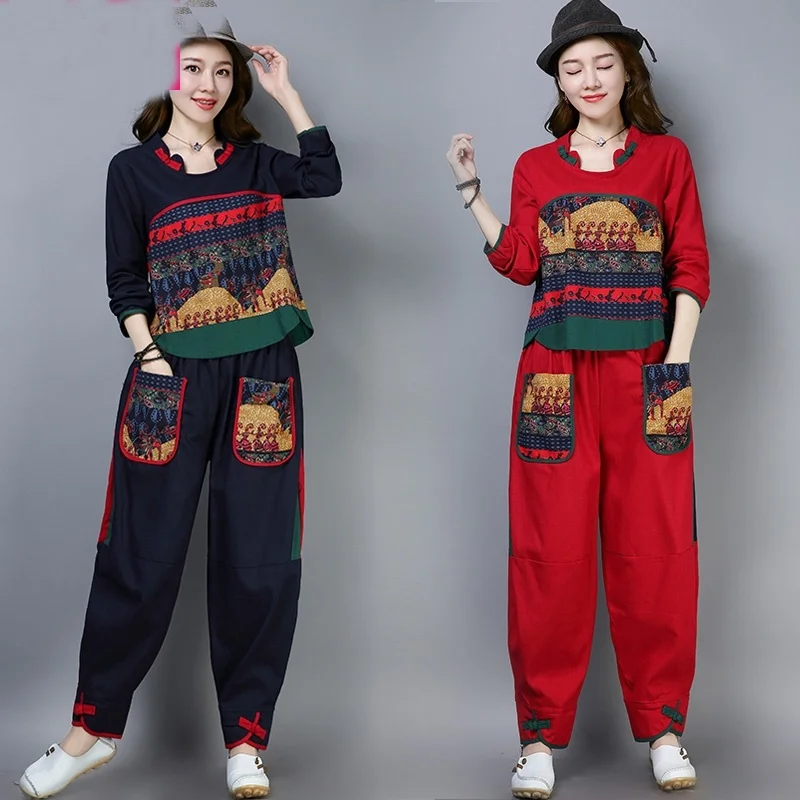 Женский этнический винтажный костюм Hanfu Брюки с карманами и топ комплект из двух