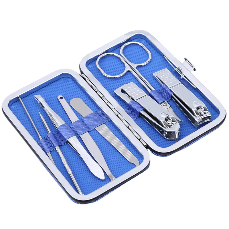 8PCS/Set Stainless Steel Kit Nail Pedicure Manicure Set Art Care Scissor Tweezer Ear Pick Clipper Acne Needle Tool Utility - Цвет: blue