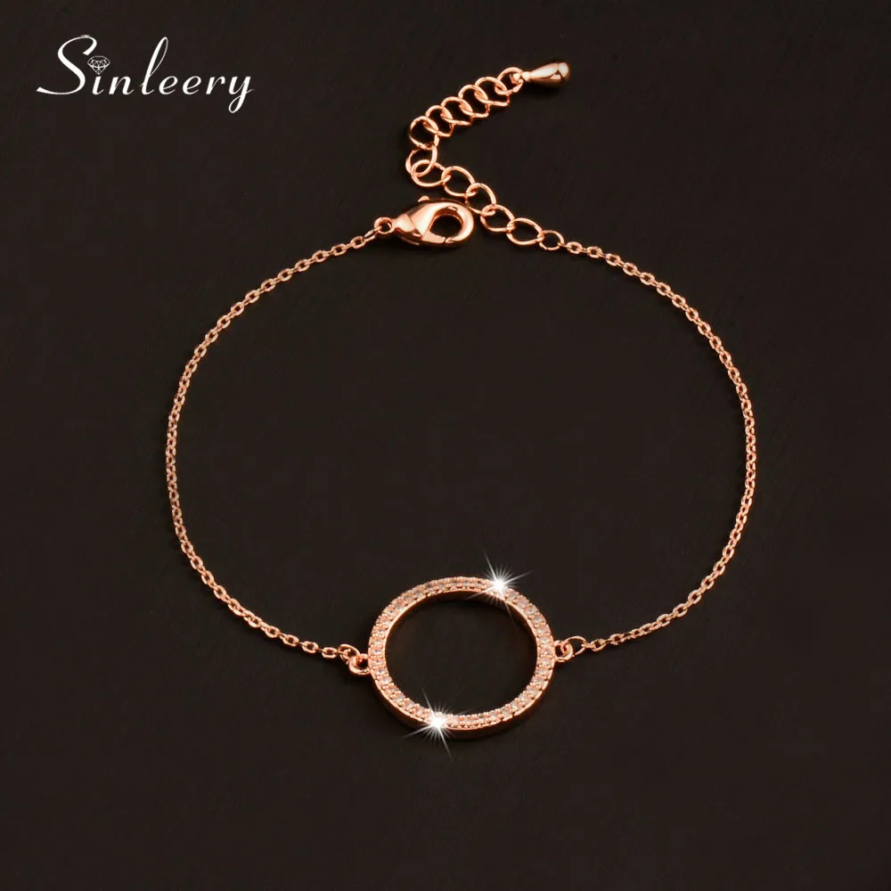

SINLEERY Fashion Paved Tiny Crystal Circle Round Bracelets For Women Rose Gold Silver Color Link Chain Bracelet SL082 SSB
