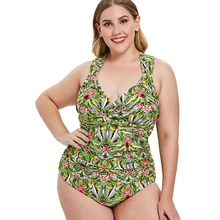 Новинка, купальник со средней талией размера плюс, большой размер, скрученный купальник с принтом в виде листьев спереди, цельный женский купальник, купальный костюм