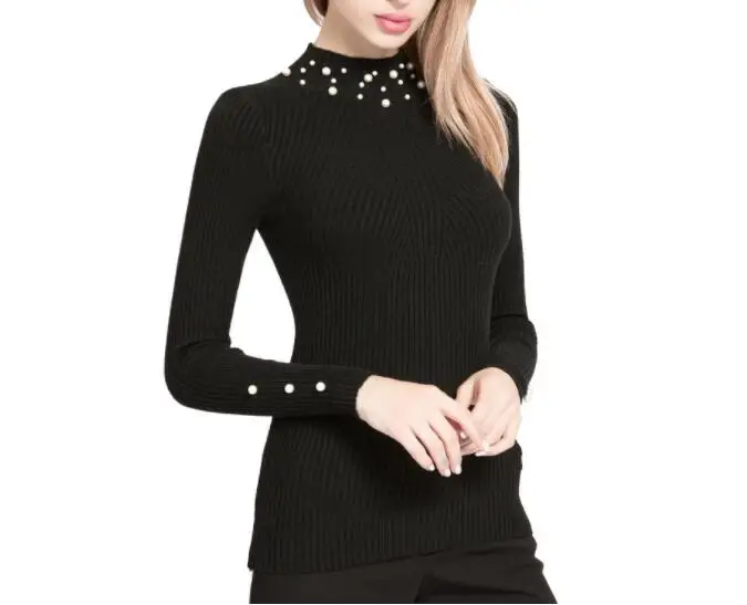 New Winter Women Pearl Beaded Sweater High Neck Long Sleeve Slim Casual Female Knit Sweater Pullover New Winter Women Pearl Beaded Sweater High Neck Long Sleeve Slim Casual Female Knit Sweater Pullover