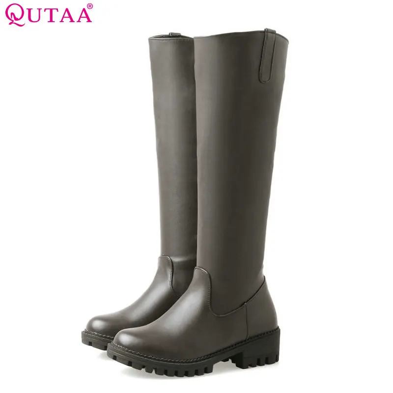 

QUTAA 2018 Pu Leather Fashion Zipper Design Women Knee High Boots Round Toe Westrn Style Square Heel Women Boots Size 34-43