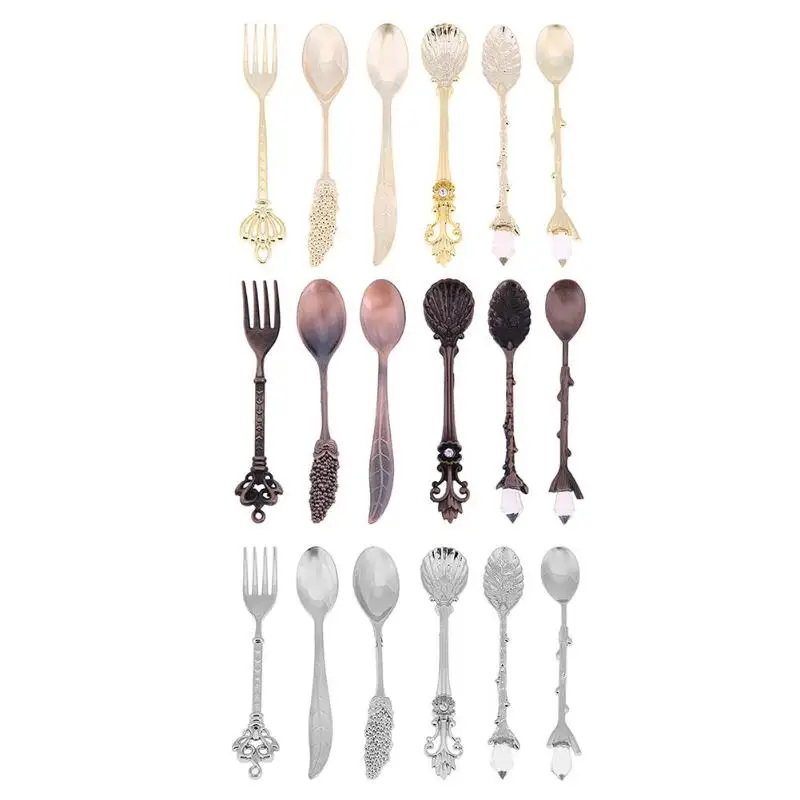 

6 Pcs Mini Coffee Spoons Fork Kitchen Dining Bar Vintage Royal Style Flatware Cutlery Set Fruit Prikkers Dessert Fork