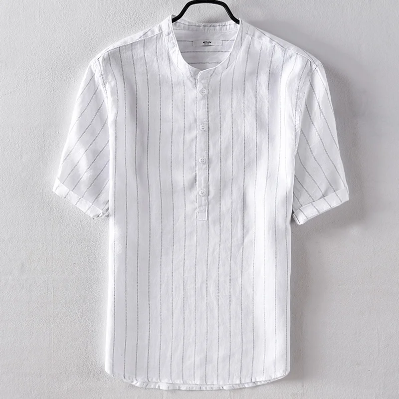 Japanese style men's striped casual linen short sleeved shirt loose
