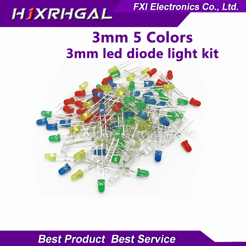 

100PCS 3mm LED diode Light Assorted Kit 5Colors*20PCS F3 White Yellow Red Green Blue component DIY kit