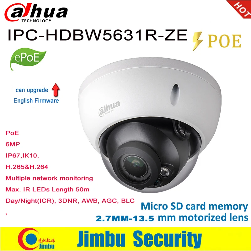 

Dahua IP Camera POE 6MP IR 50M IPC-HDBW5631R-ZE 2.7mm ~13.5mm motorized lens ePOE Pan/Tilt/Rotation H.265&H.264 SD card slot