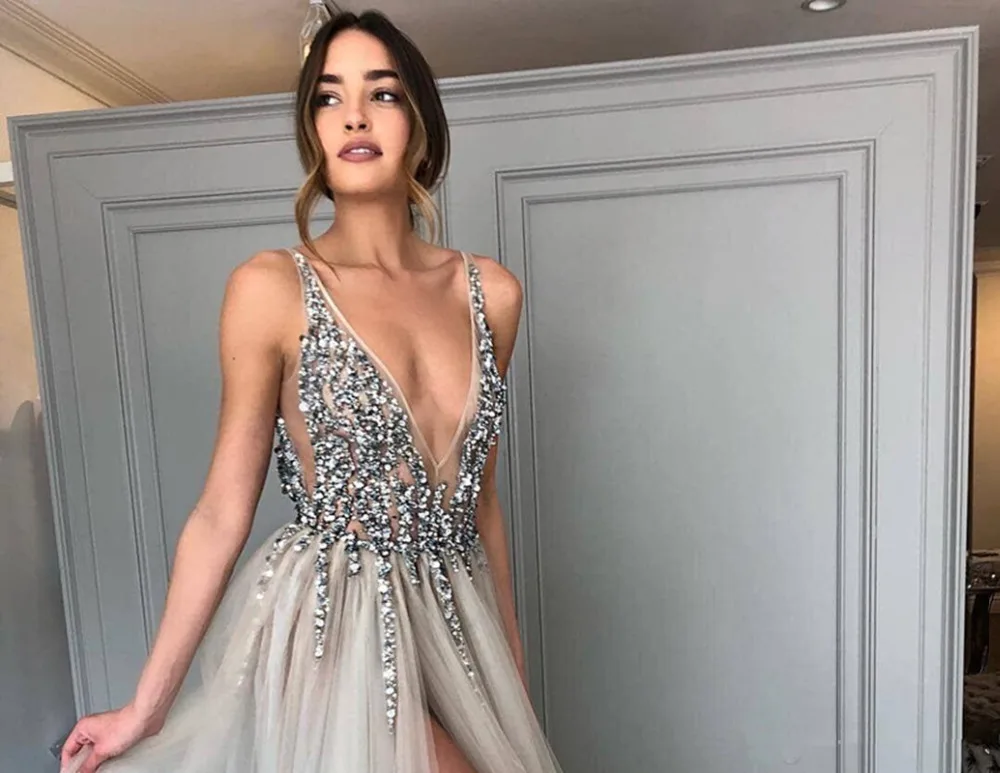 sexy v neck high slit prom party gowns