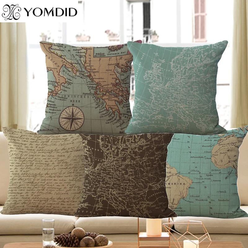 

Mediterranean nautical cushion cover world map decorative pillow case Linen cotton cojines decorativos for sofa car home