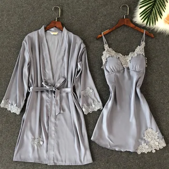 

New 2020 Women Sleepwear Sexy Lace Robe & Gown Sets Sleep Lounge Nightwear Bathrobe Night Dress Robe Pajamas with Chest Pads