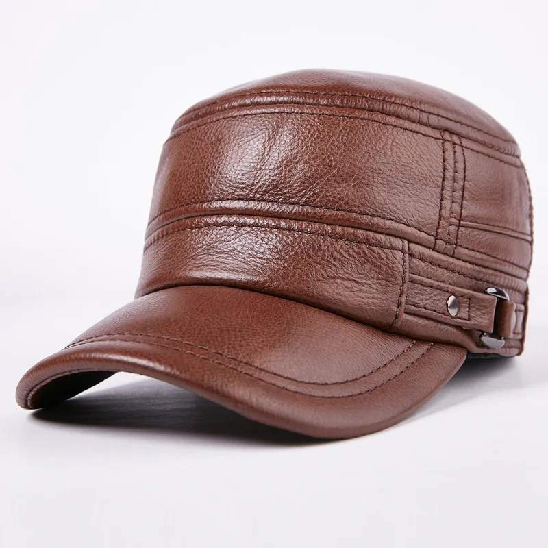 winter men's leather leather hat flat cap elderly outdoor warm ear cap