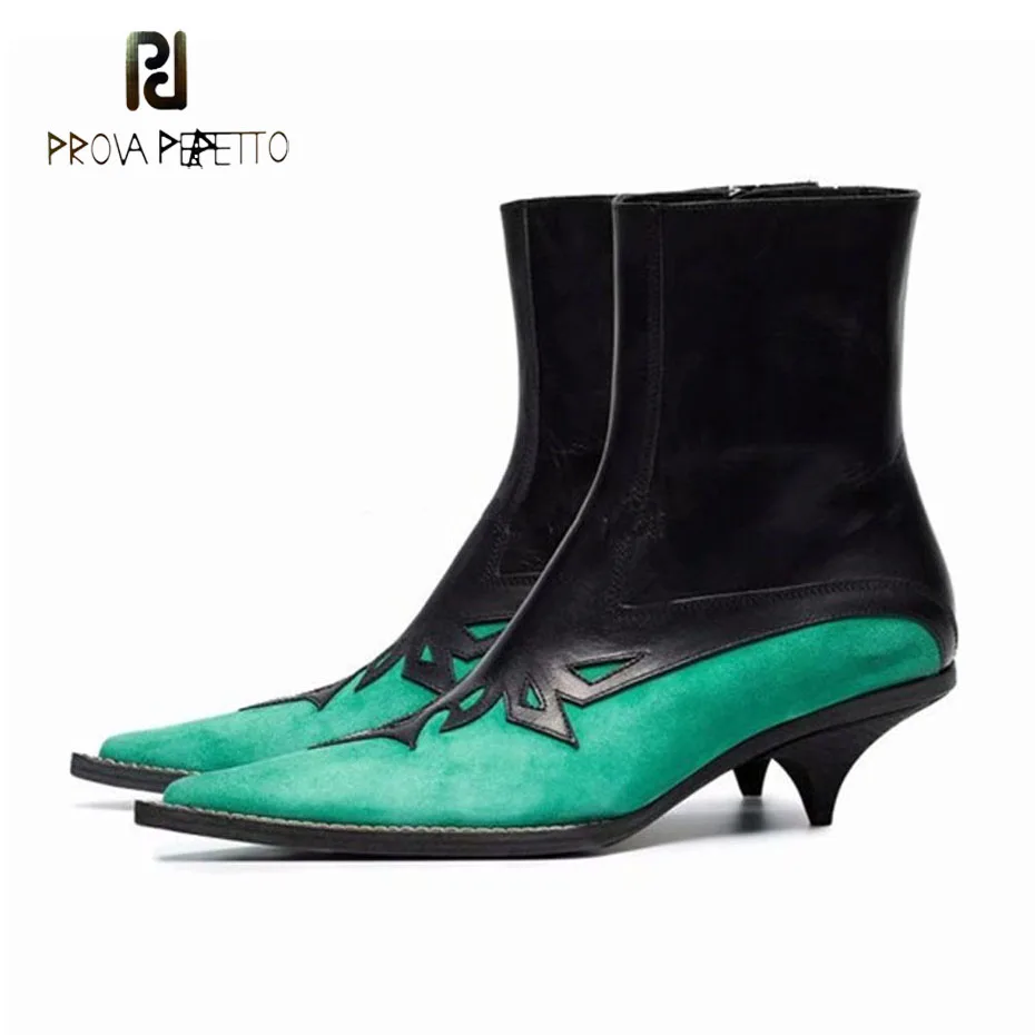 Prova Perfetto luxury brand kitten heels short boots 2018 new ankle boots green suede patchwork pointed toe women dress shoes Prova Perfetto luxury brand kitten heels short boots 2018 new ankle boots green suede patchwork pointed toe women dress shoes