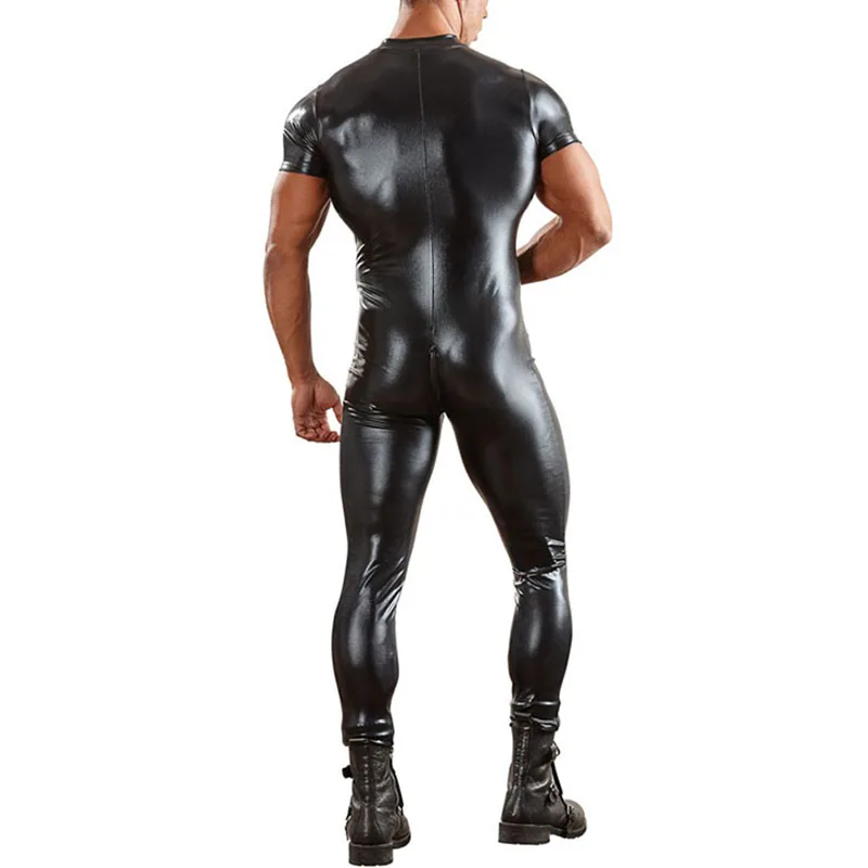 Plus Size 3XL Black Leather Jumpsuit Men Front Zipper Turtleneck Short Sleeve Long Catsuit Gay Nightclub Party Wear Bodysuit (3)