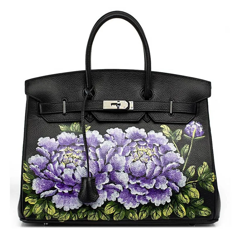 

YCUSTBAG Chinese style Genuine Leather Luxury design Personality manual Flower painting bag Silver Hardware 35CM Portable Bag