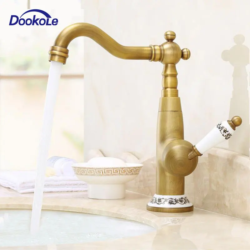 

Bathroom Basin Faucet Antique Brass Single Handle Single Hole 360° Rotation Vessel Sink Countertop Cold Hot Mixer Tap