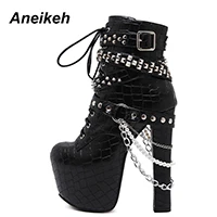 Aneikeh New PU Round Toe Super High Square Heel Women Shoes Sexy Cross-tied Style Short Tube Platform Motorcycle Boots - Цвет: black