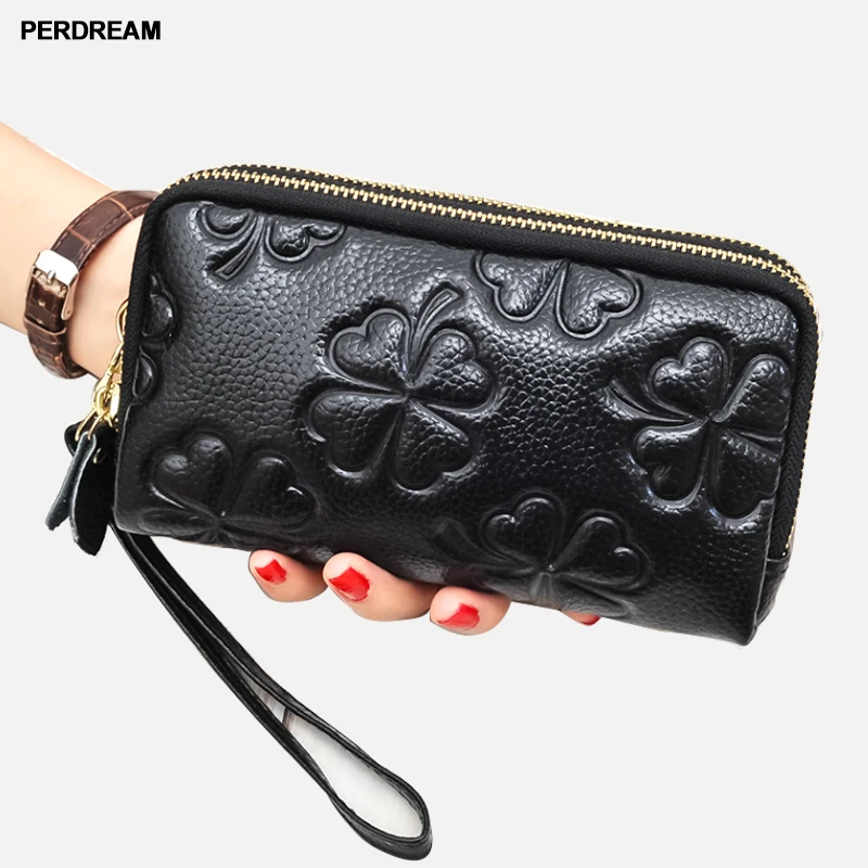 

2018 new clover embossed double zipper head layer cowhide leather hand bag lady Long Wallet
