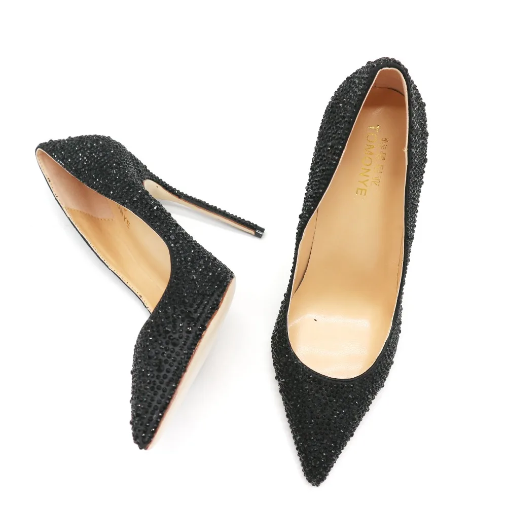 Классические черные стразы с острым носком вечерние Клубные женские туфли женская обувь на высоком каблуке 12 см обувь на тонком каблуке с украшением в виде кристаллов производительность увеличенные Большие обувь маленького размера