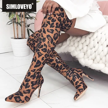 

SIMLOVEYO 2019 zipper 11 cm leopard shoes Stretch fabric over Knee boots Women pointed toe thin high heels footwear mujer J503b