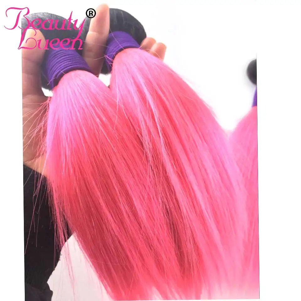 Brazilian Straight Hair 3 Bundles With Closure 1B Pink Two Tone Ombre Color Human Hair Weave With Lace Closure Remy Beauty Lueen (6)